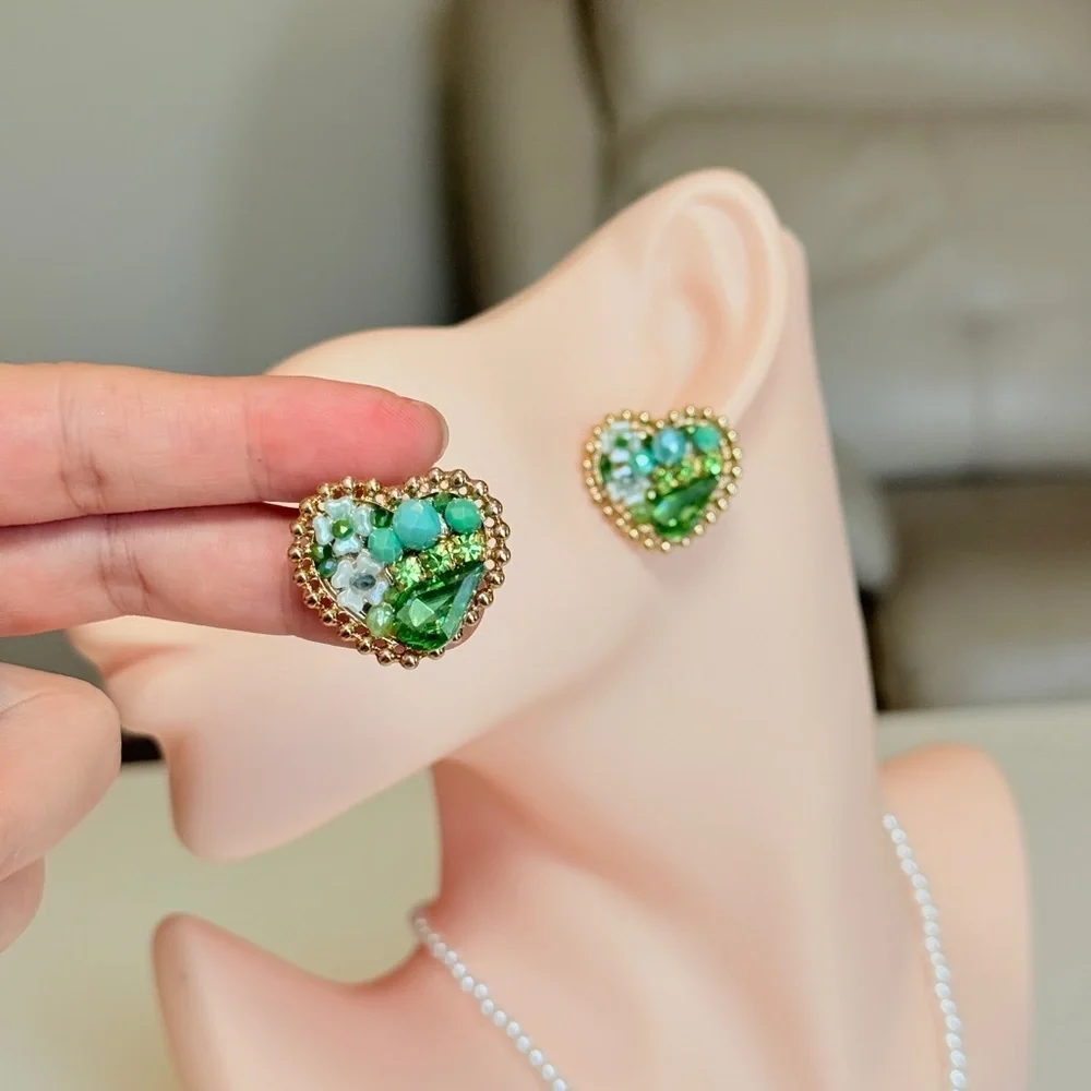 Gold-Trim Green Heart Cluster Stud Earrings